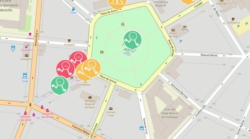 Mapa de la plaza de Coyhaique, captura de la aplicación Ciudad Fácil